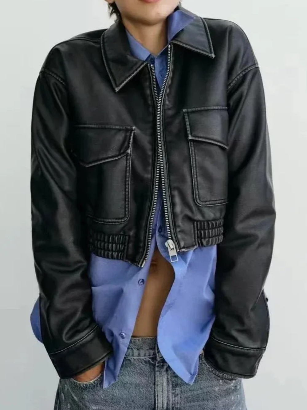 Zara oversized Black Cropped Faux Leather Zip Jacket